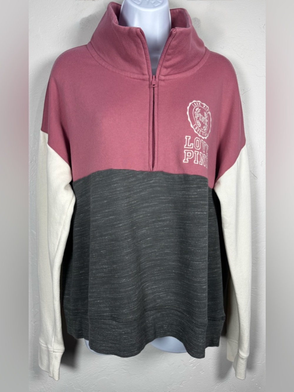 PINK Victoria's Secret Pink, Charcoal & Cream Quarter-Zip Pullover Size Large